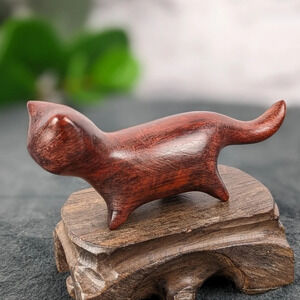Wooden hand carved cat statue figurine long lanky kitty cherry wood color